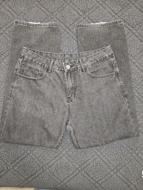 Shein high waisted straight leg jeans, charcoal grey washed denim, 90s